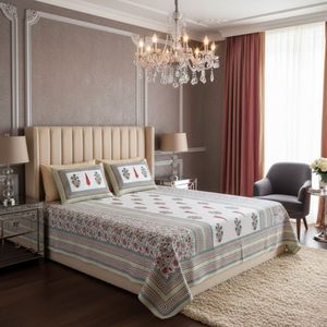 Serene Symmetry Gray Block Print Pure Cotton Double Bedsheet